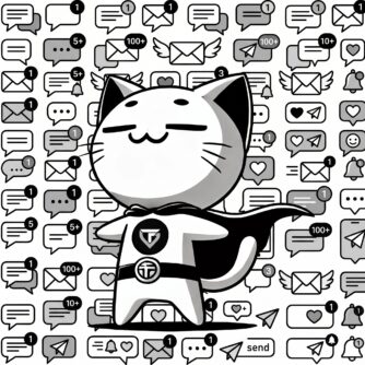 Cat with beaming smile and a background of email and text icons