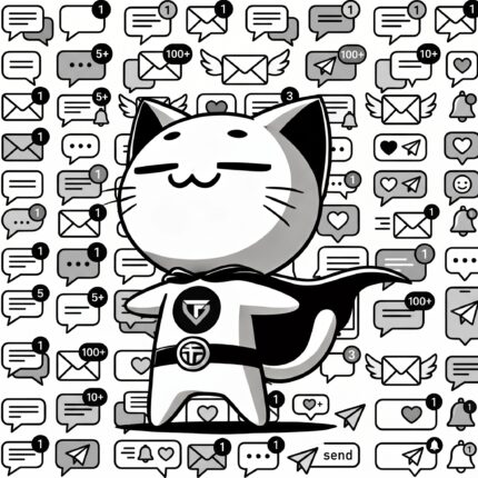 Cat with beaming smile and a background of email and text icons