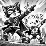 Two superhero cats mirroring each other's behavior, illustrating the concept of mimicry.