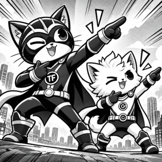 Two superhero cats mirroring each other's behavior, illustrating the concept of mimicry.