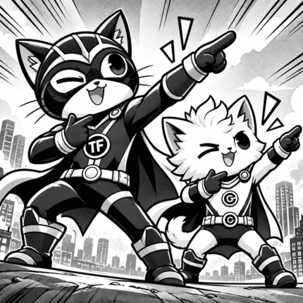 Two superhero cats mirroring each other's behavior, illustrating the concept of mimicry.