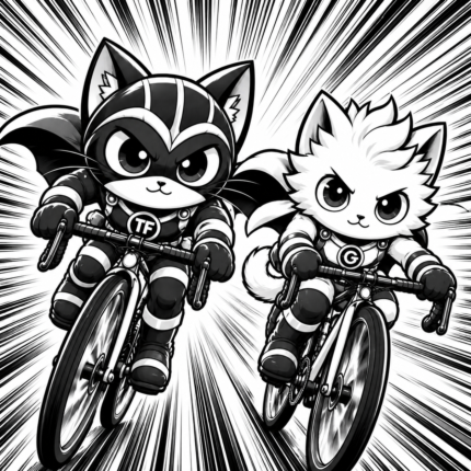 Two cats racing bikes illustrating the power of social facilitation.